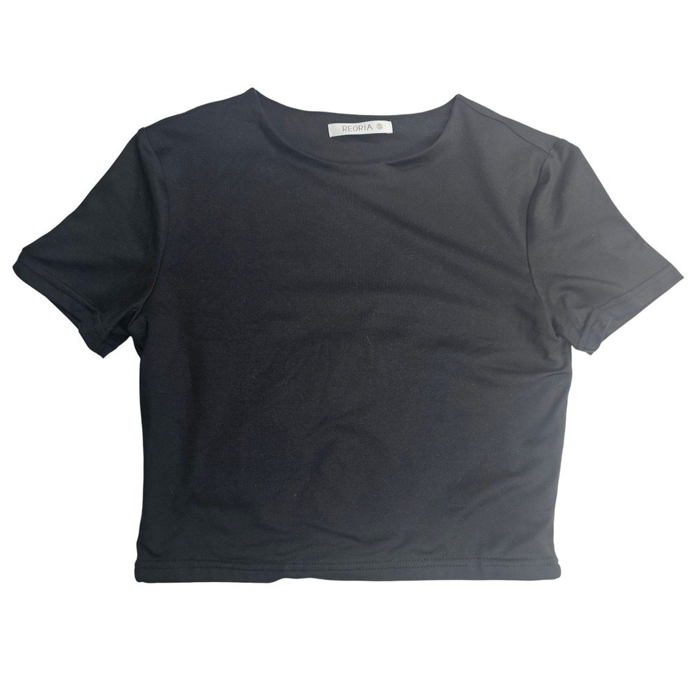 REORIA Black High Neck Double Lined Cropped T Shirt Womens S Short Sleeve Basic